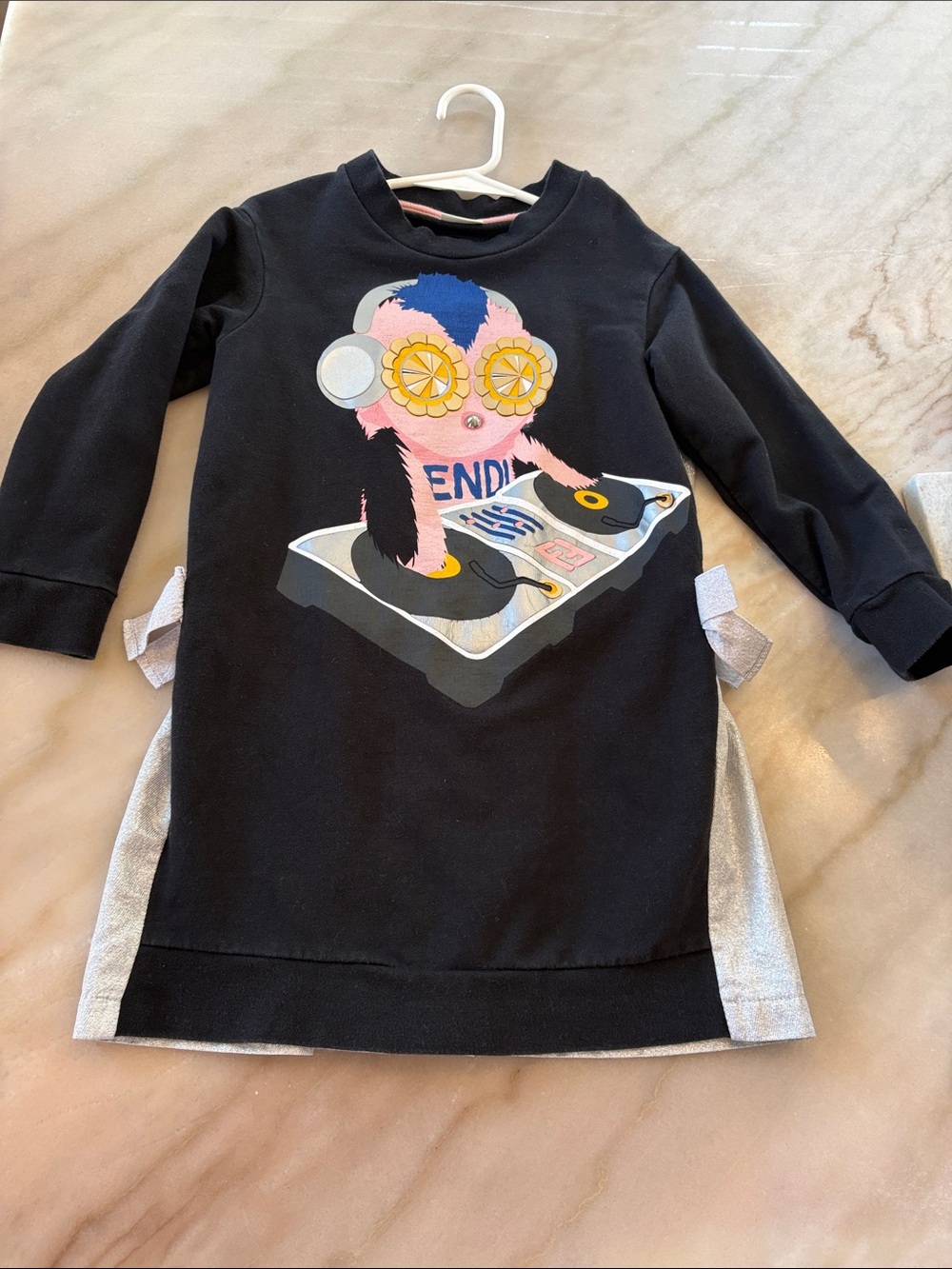 Fendi Black Long-Sleeve Graphic DJ Dress with Silver Panels